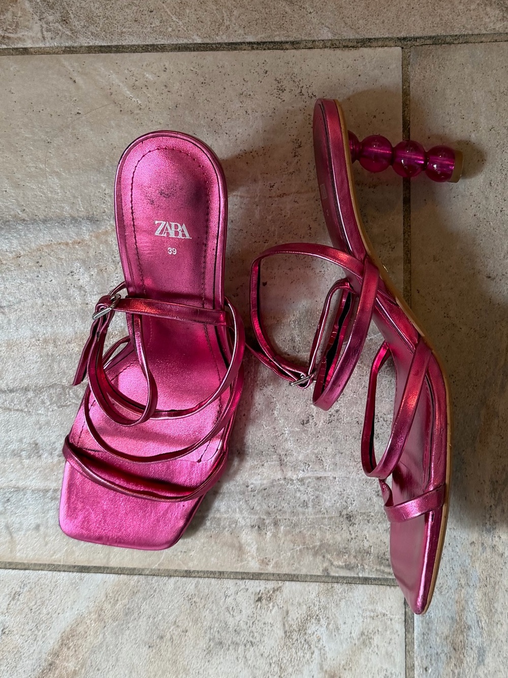 Zara Metallic Fuchsia Strappy Bead-Heel Sandals